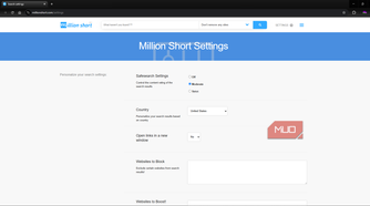Million Short search engine settings page for granular search