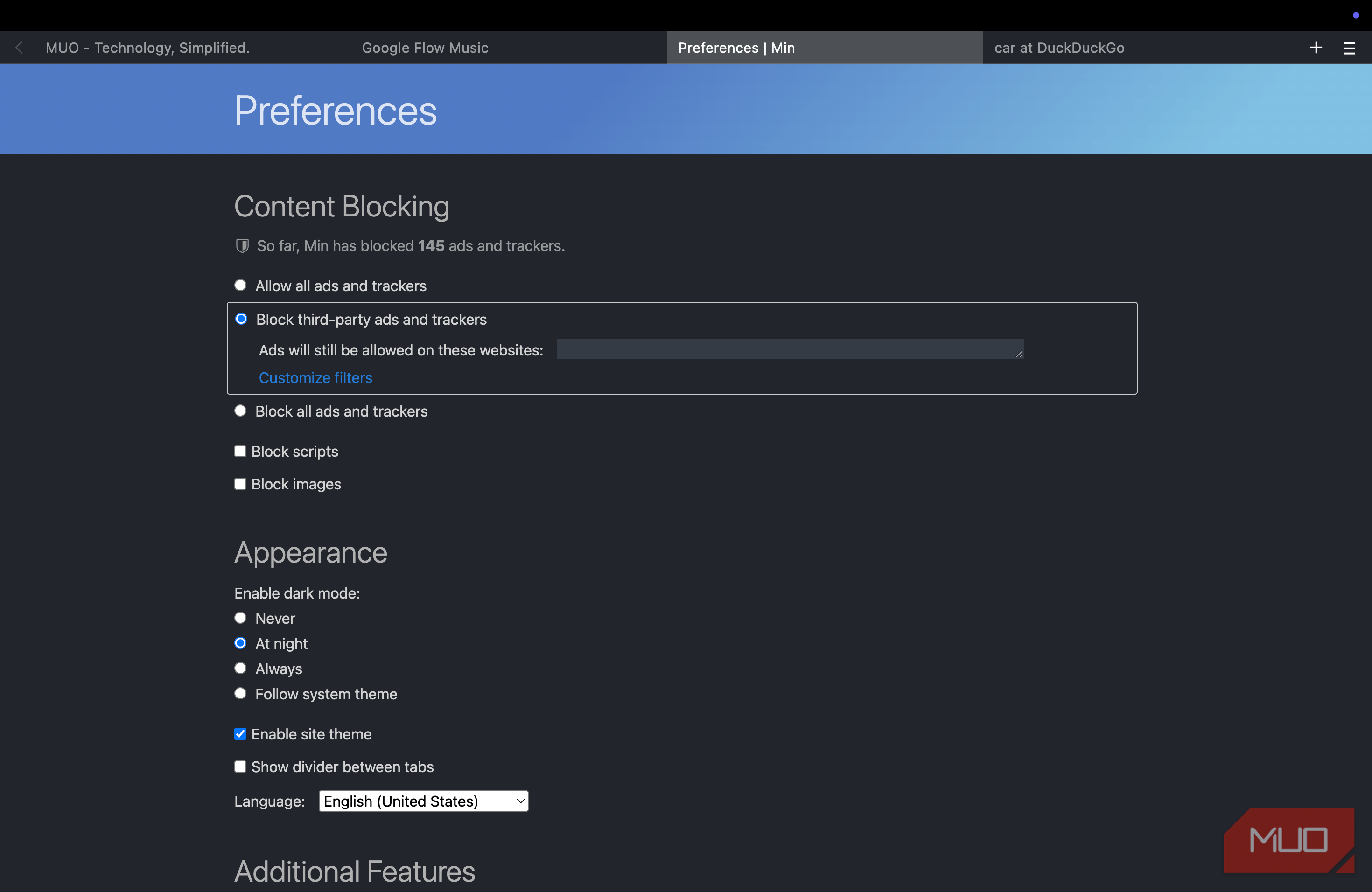 content blocking preferences on Min Browser