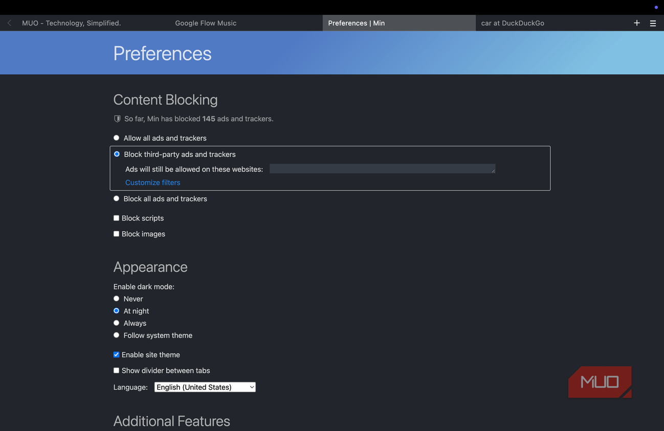 content blocking preferences on Min Browser