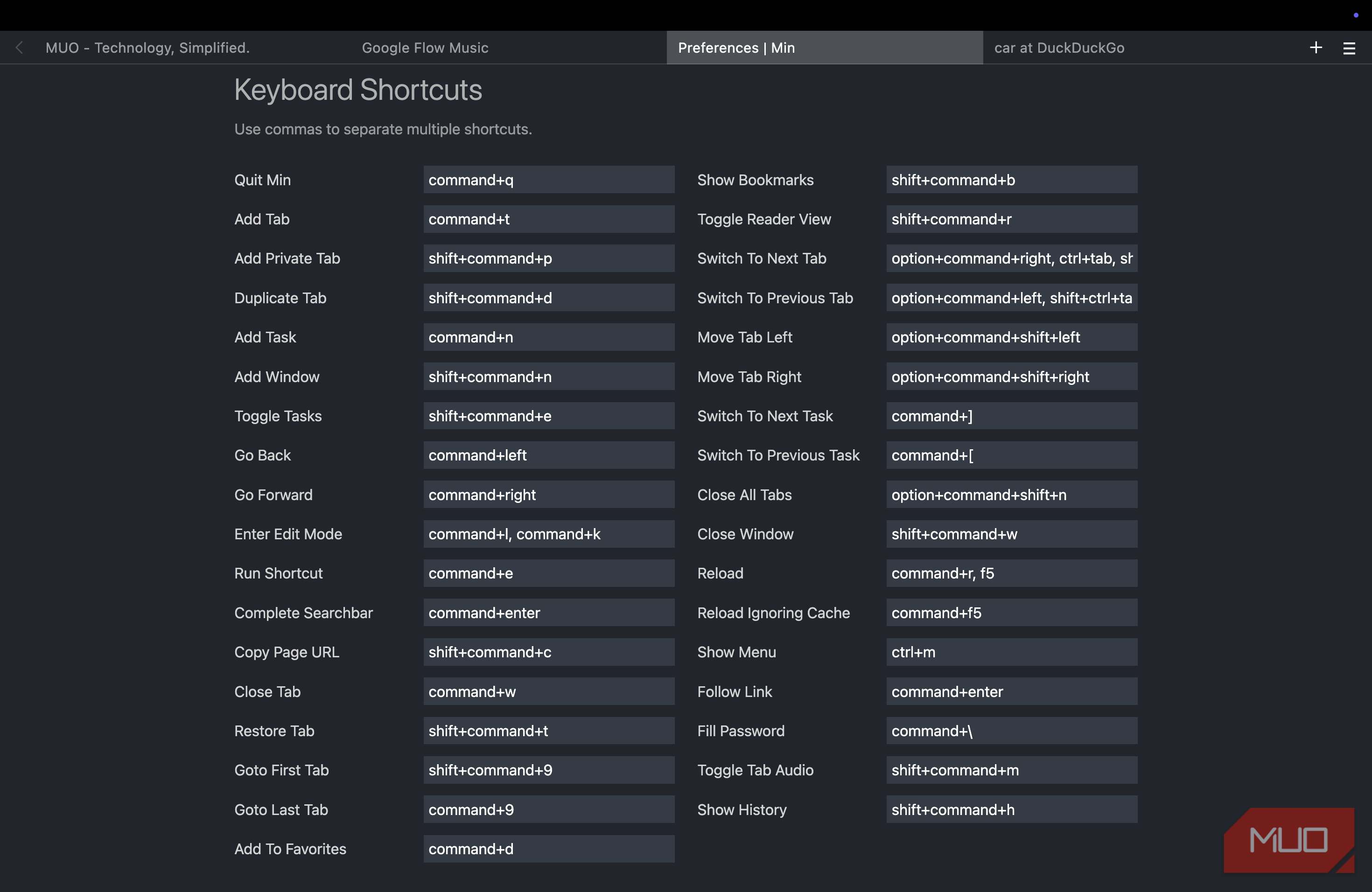 Keyboard Shortcuts on Min Browser