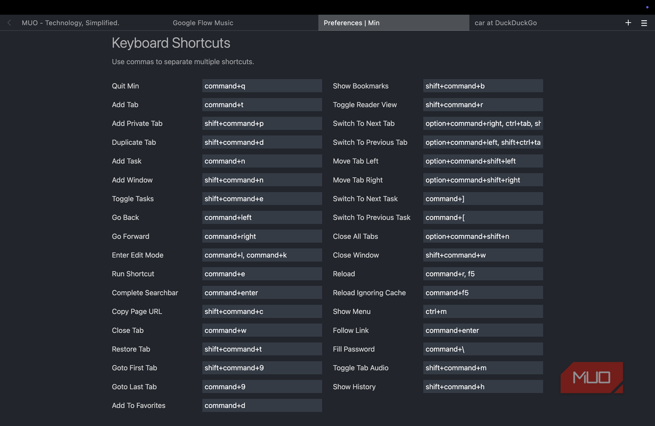 Keyboard Shortcuts on Min Browser