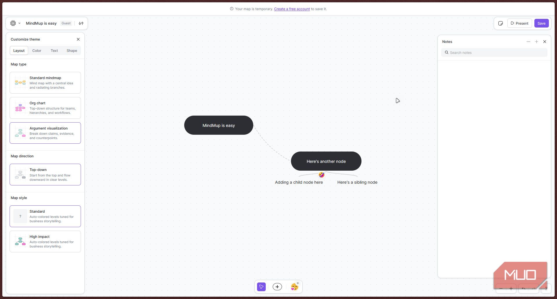 Mindmup notes menu.