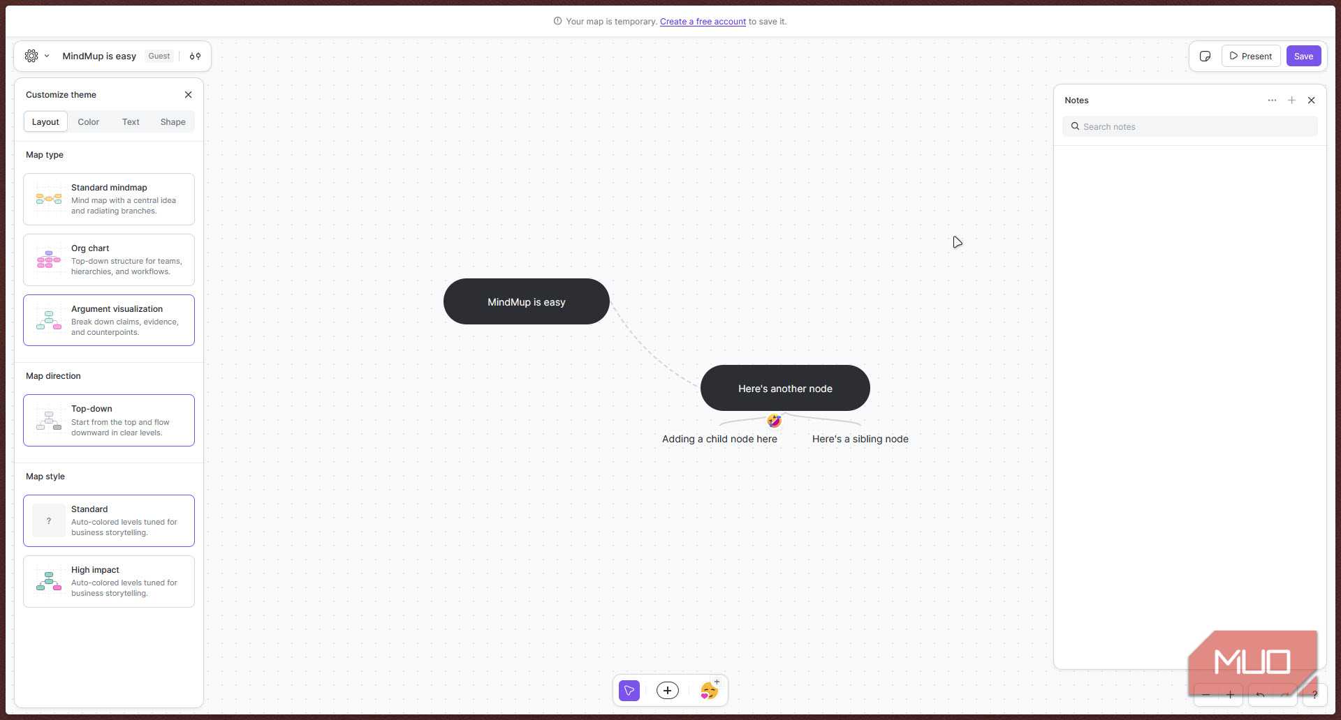 Mindmup notes menu.