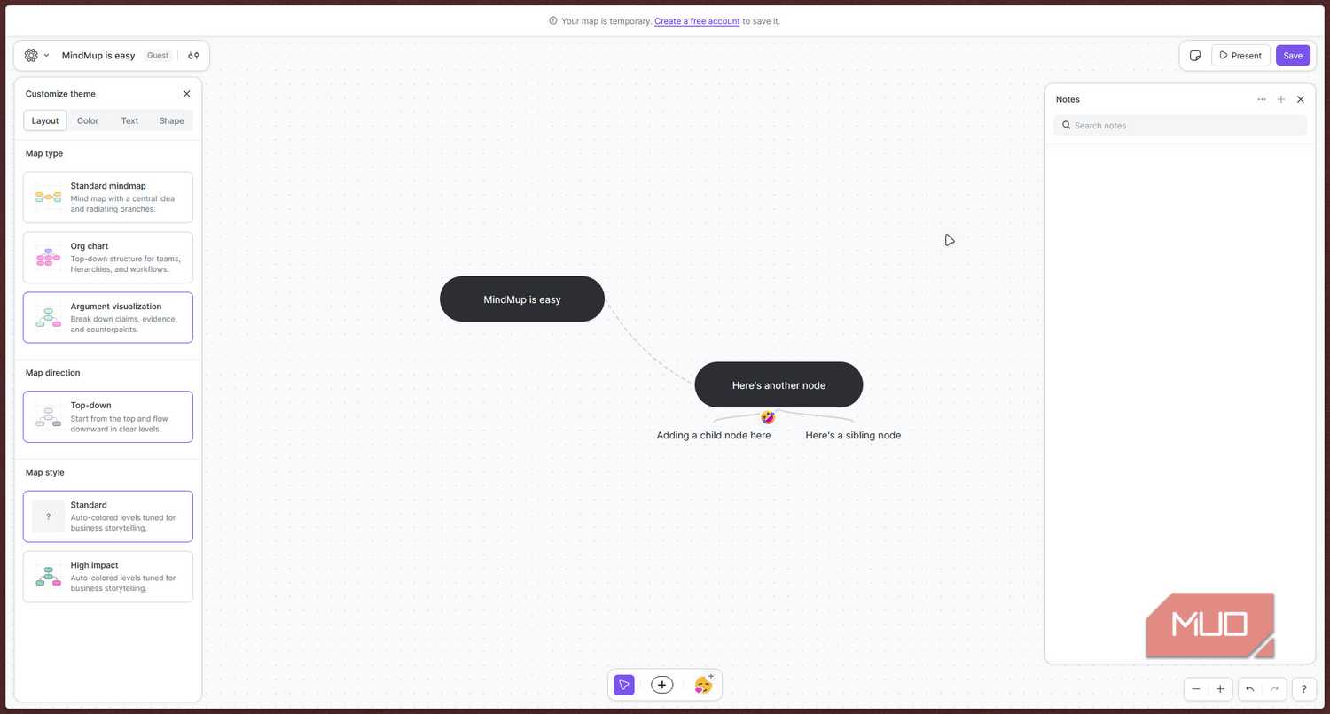 Mindmup notes menu.