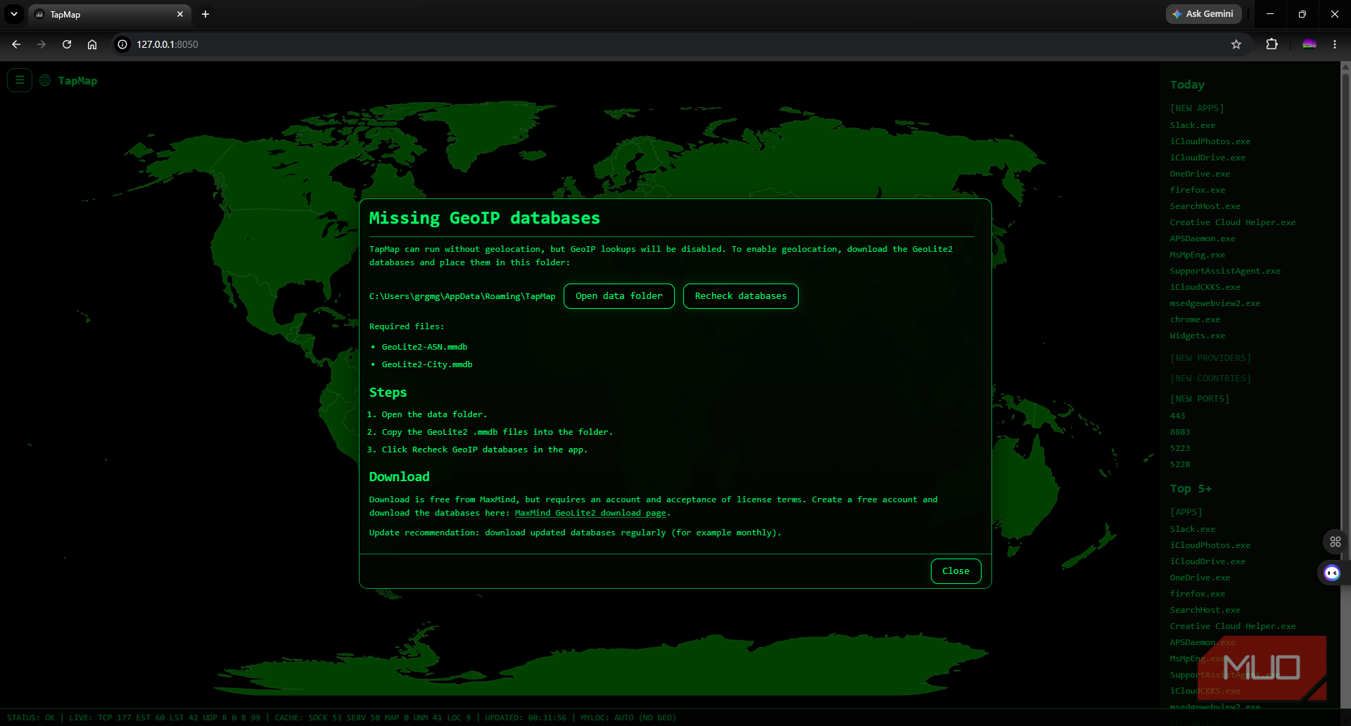 TapMap first launch and missing geoIP MaxMind databases