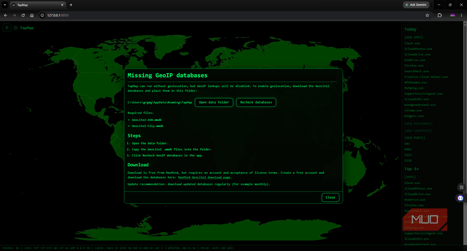 TapMap first launch and missing geoIP MaxMind databases