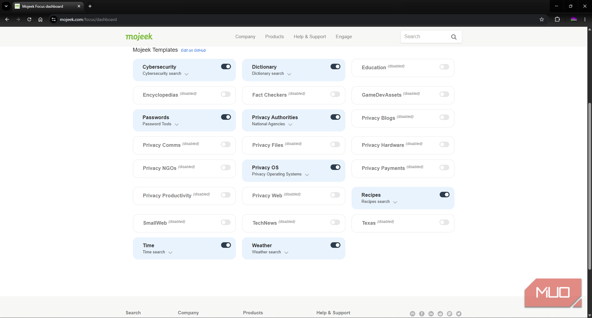 Mojeek search engine focus templates page
