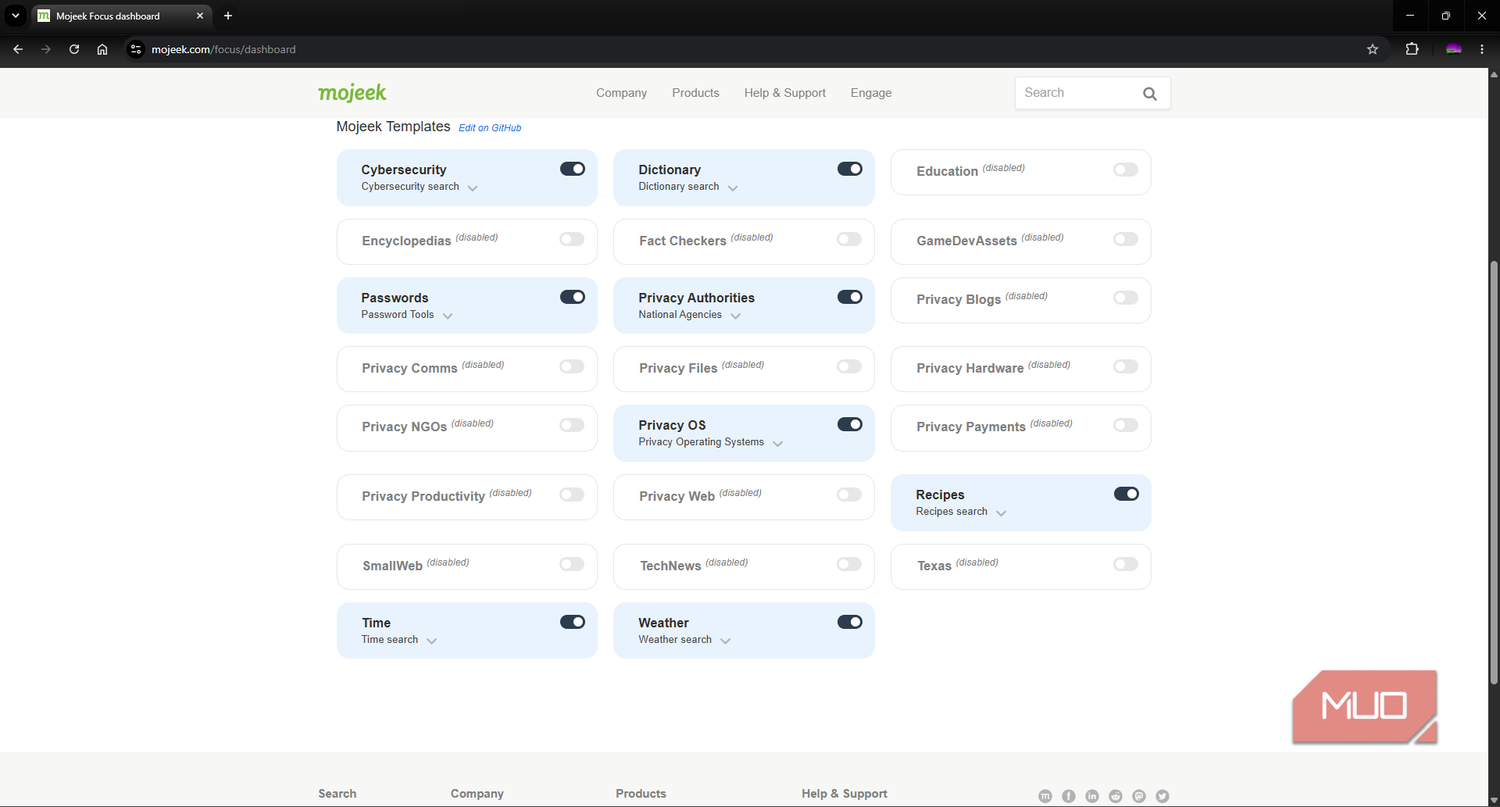 Mojeek search engine focus templates page