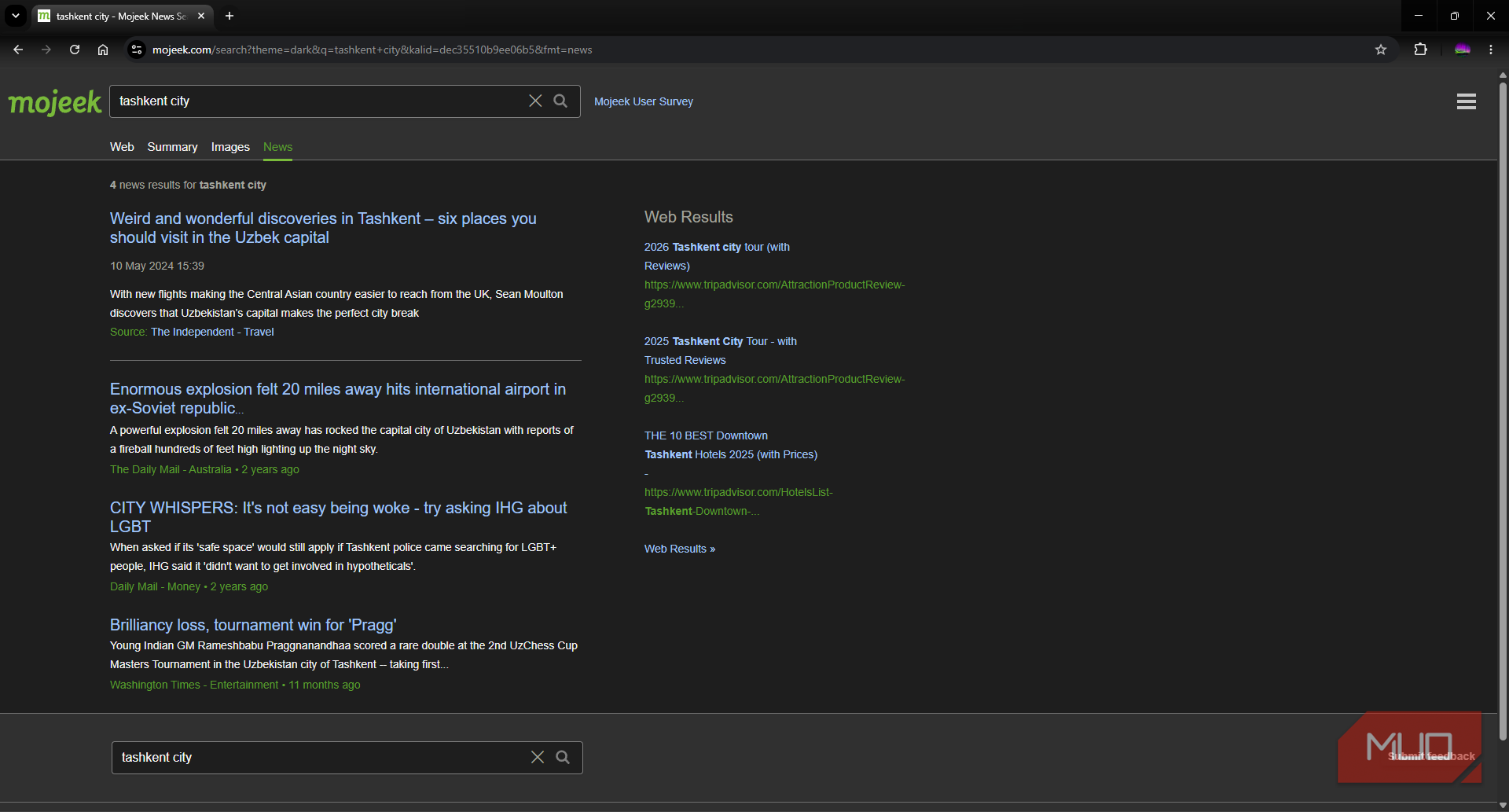 Mojeek search engine news search page