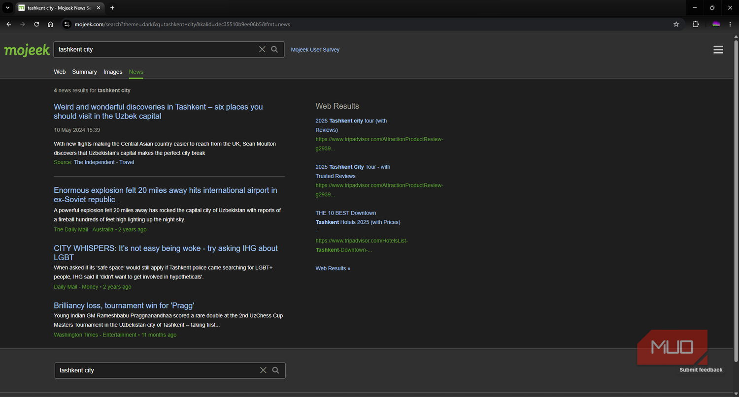 Mojeek search engine news search page