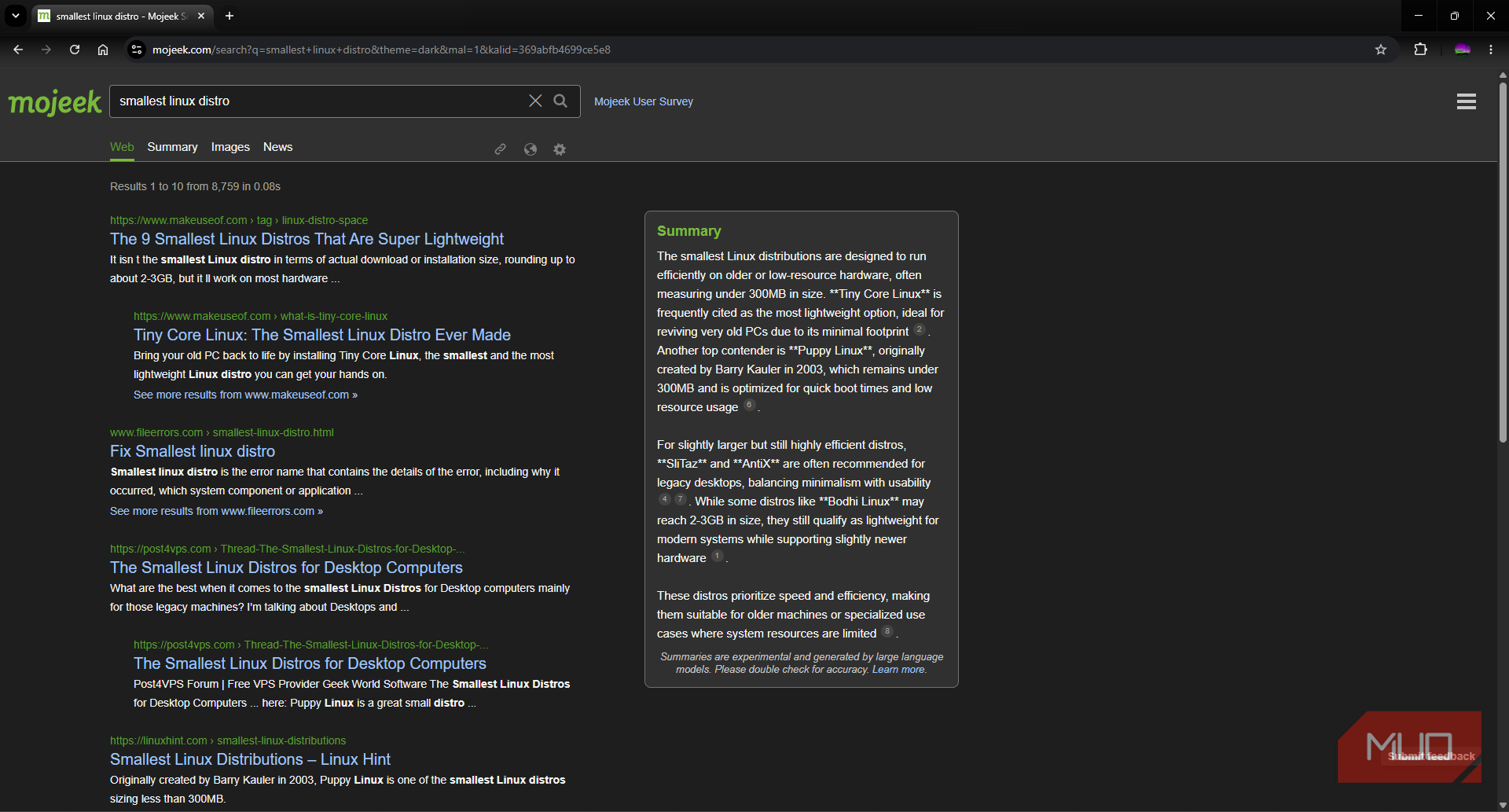 Mojeek search engine results from query with AI summary
