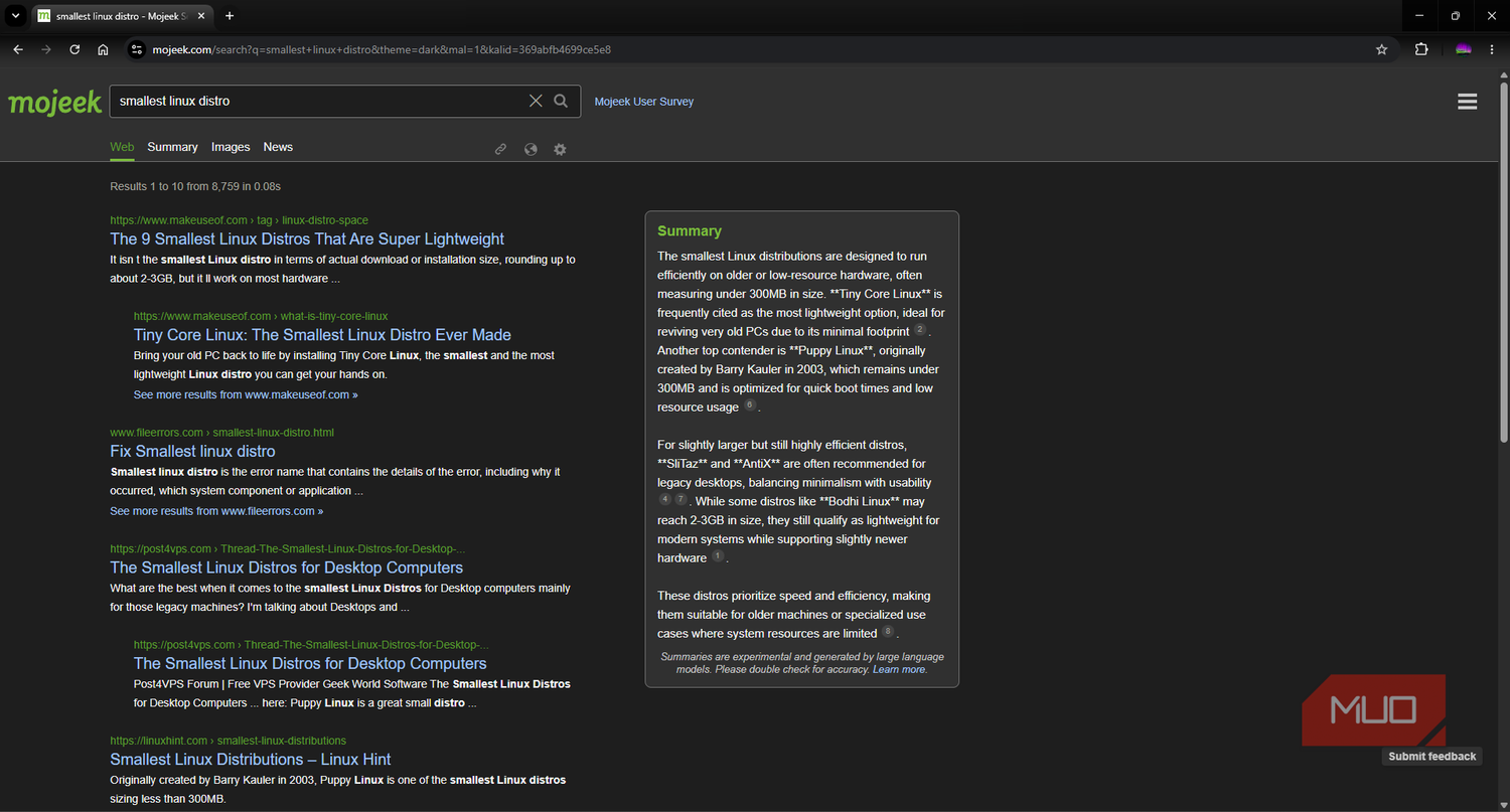 Mojeek search engine results from query with AI summary