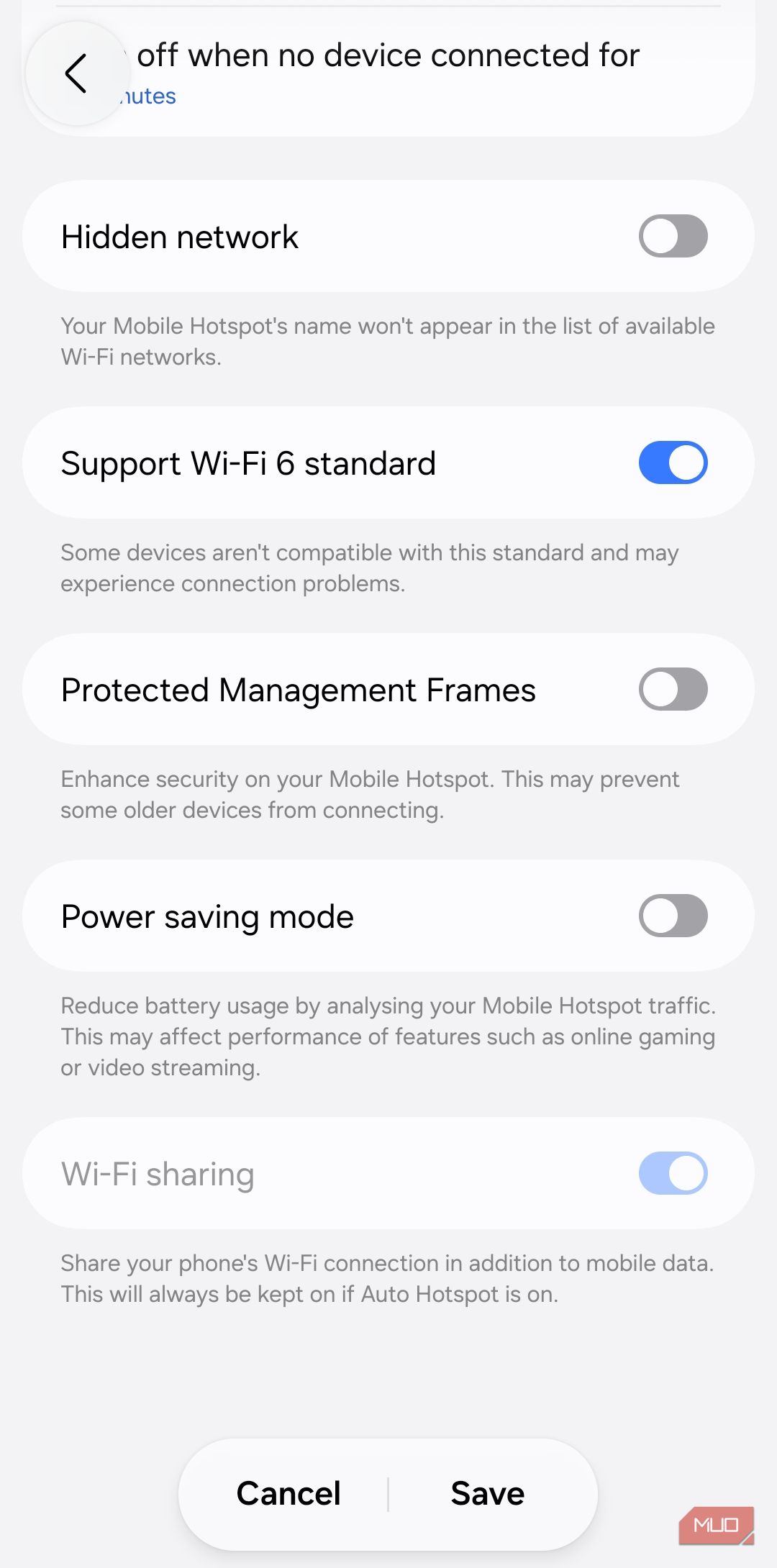 Mobile Hotspot settings on Android phone