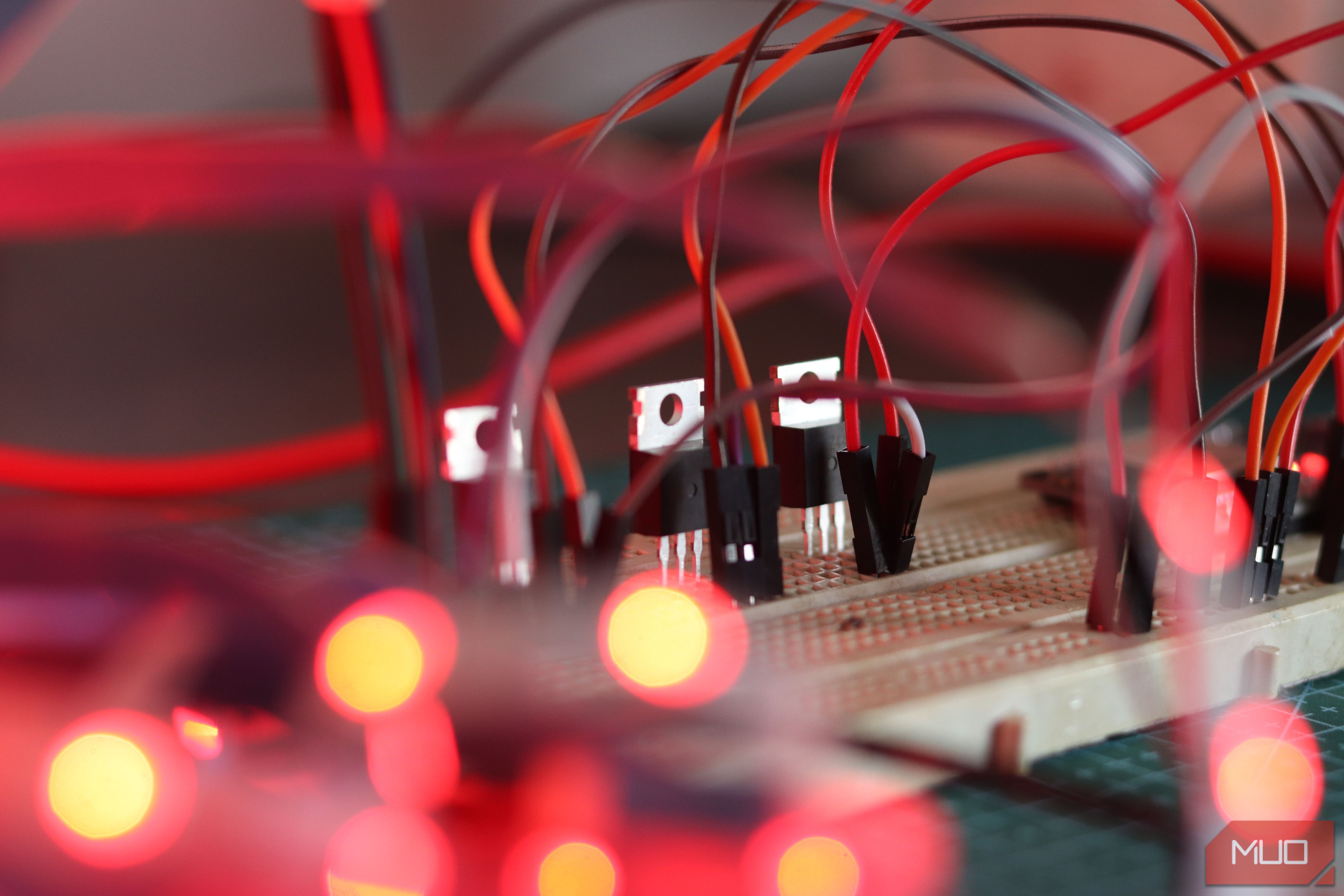 MOSFETs on a breadboard controlling RGB strips.