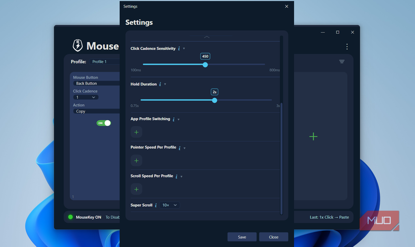 MouseKey app settings menu on desktop