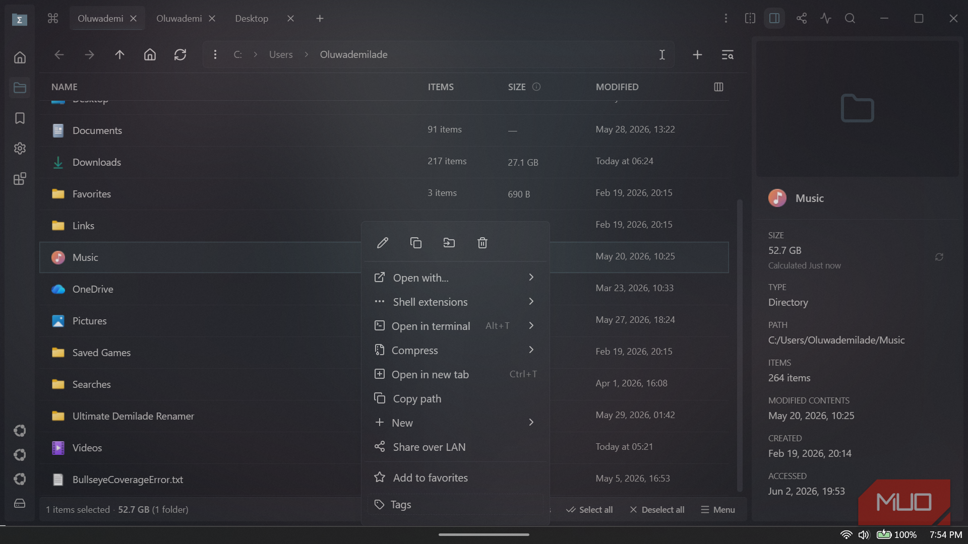 Music folder context menu