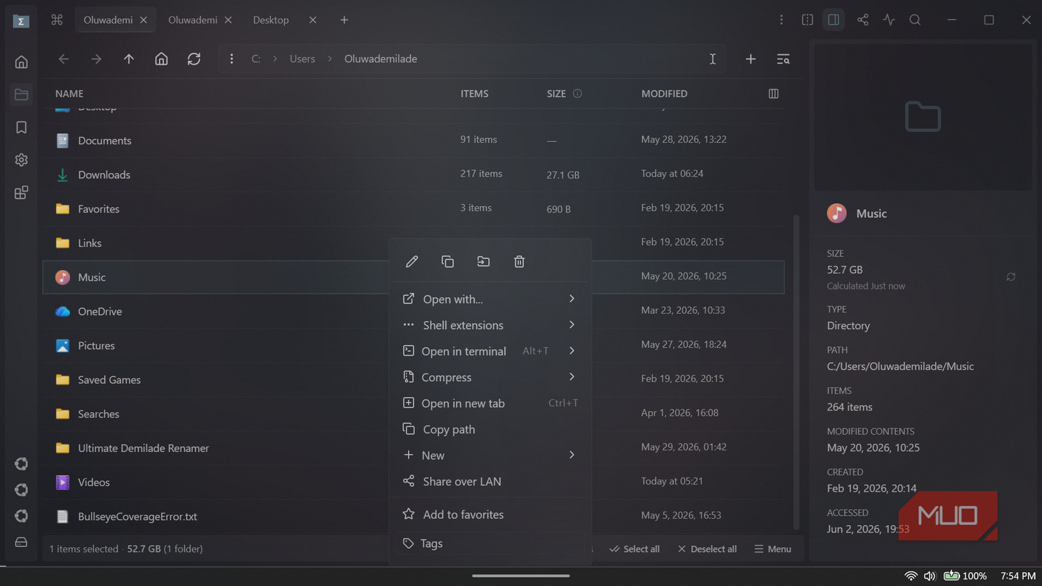Music folder context menu