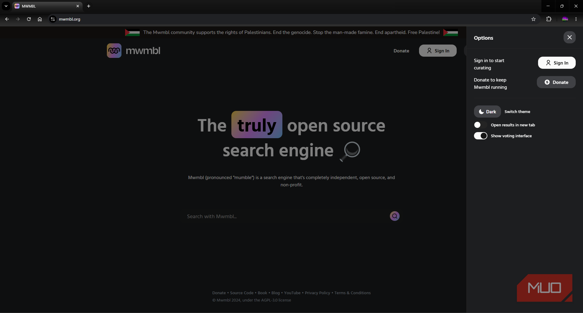 MWMBL search engine with settings tabs open