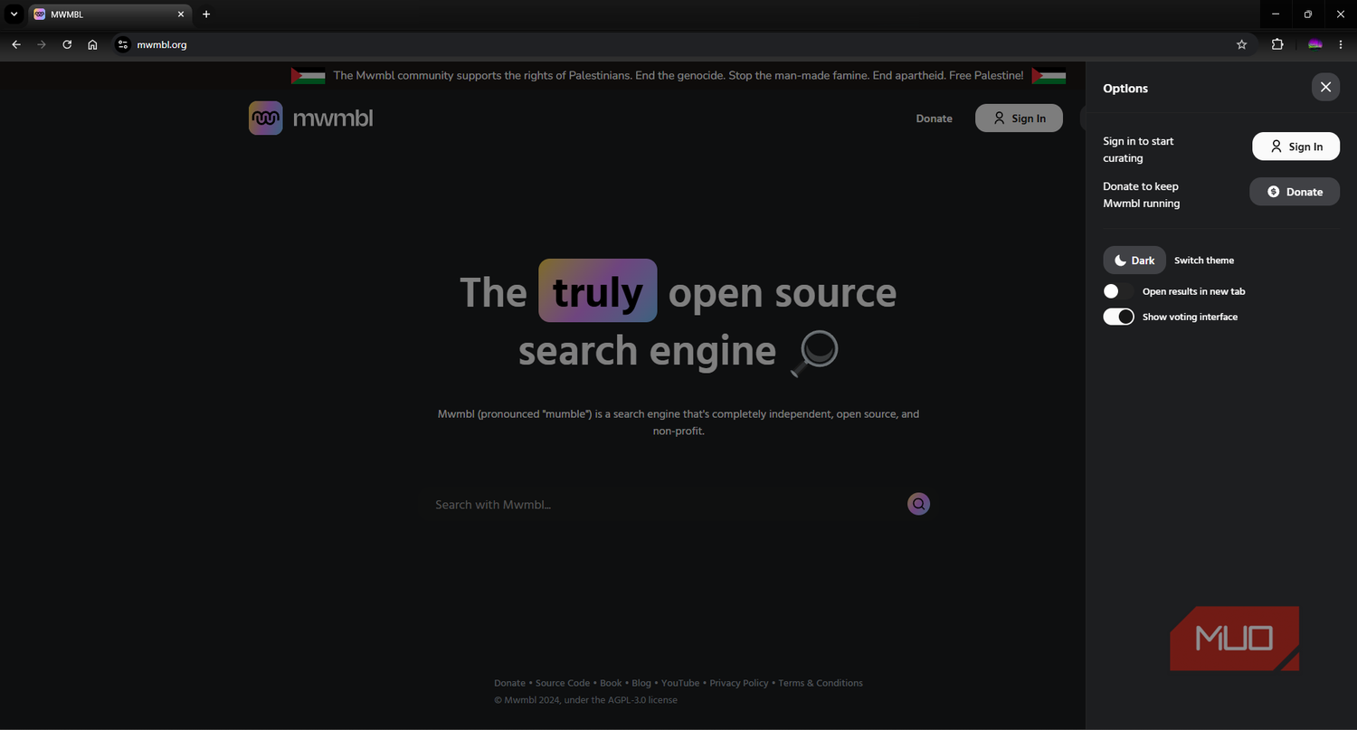 MWMBL search engine with settings tabs open
