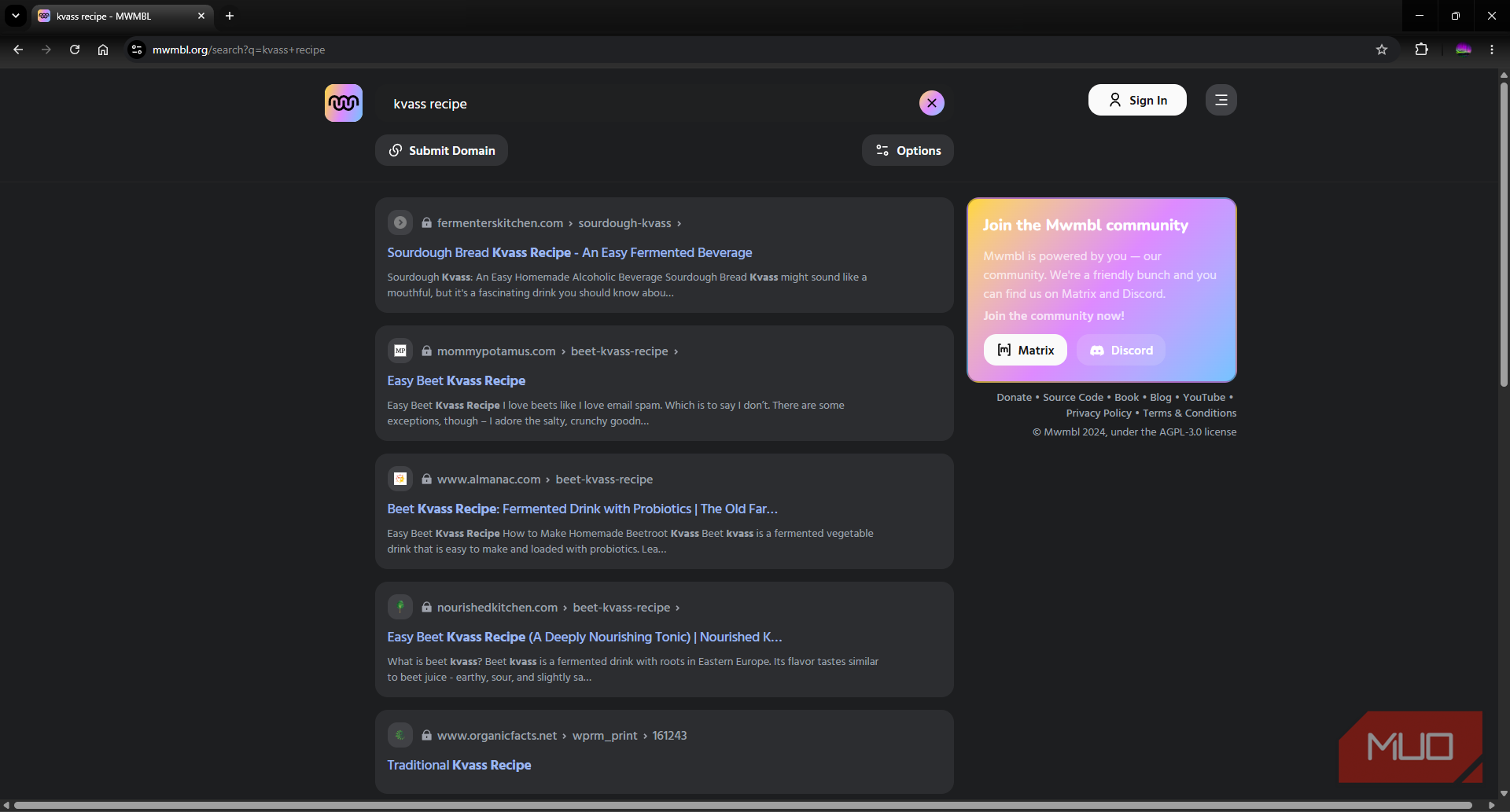 MWMBL search engine query results page