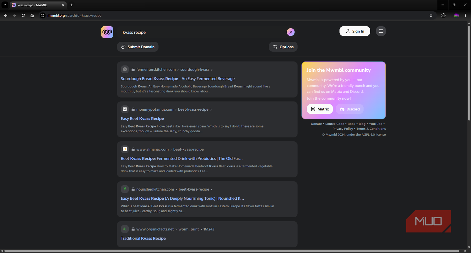 MWMBL search engine query results page