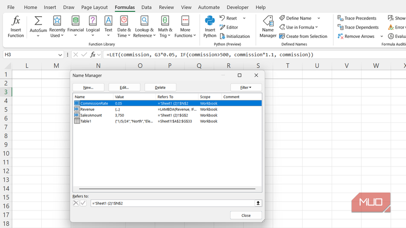 Name Manager dialog box in Excel showing four names.
