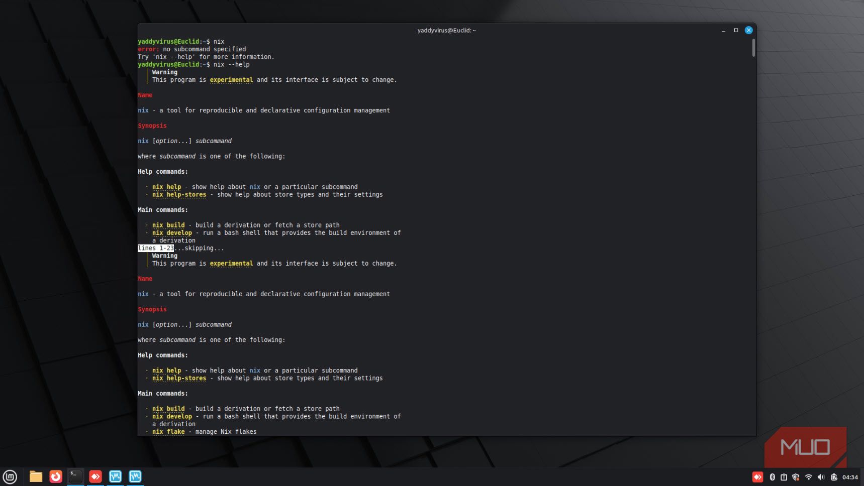 Nix package manager help screen.