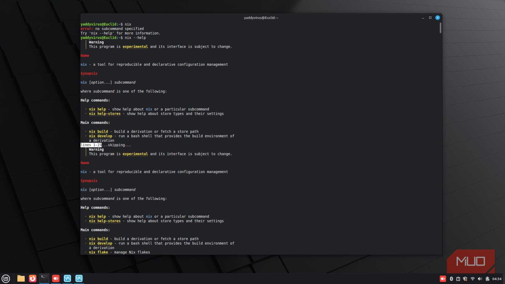 Nix package manager help screen.