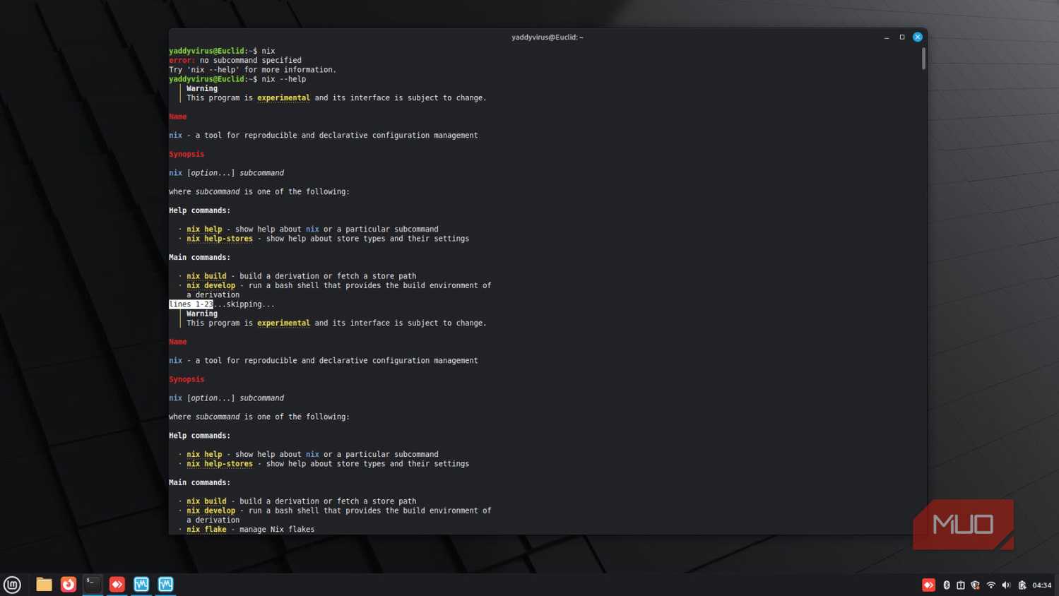 Nix package manager help screen.
