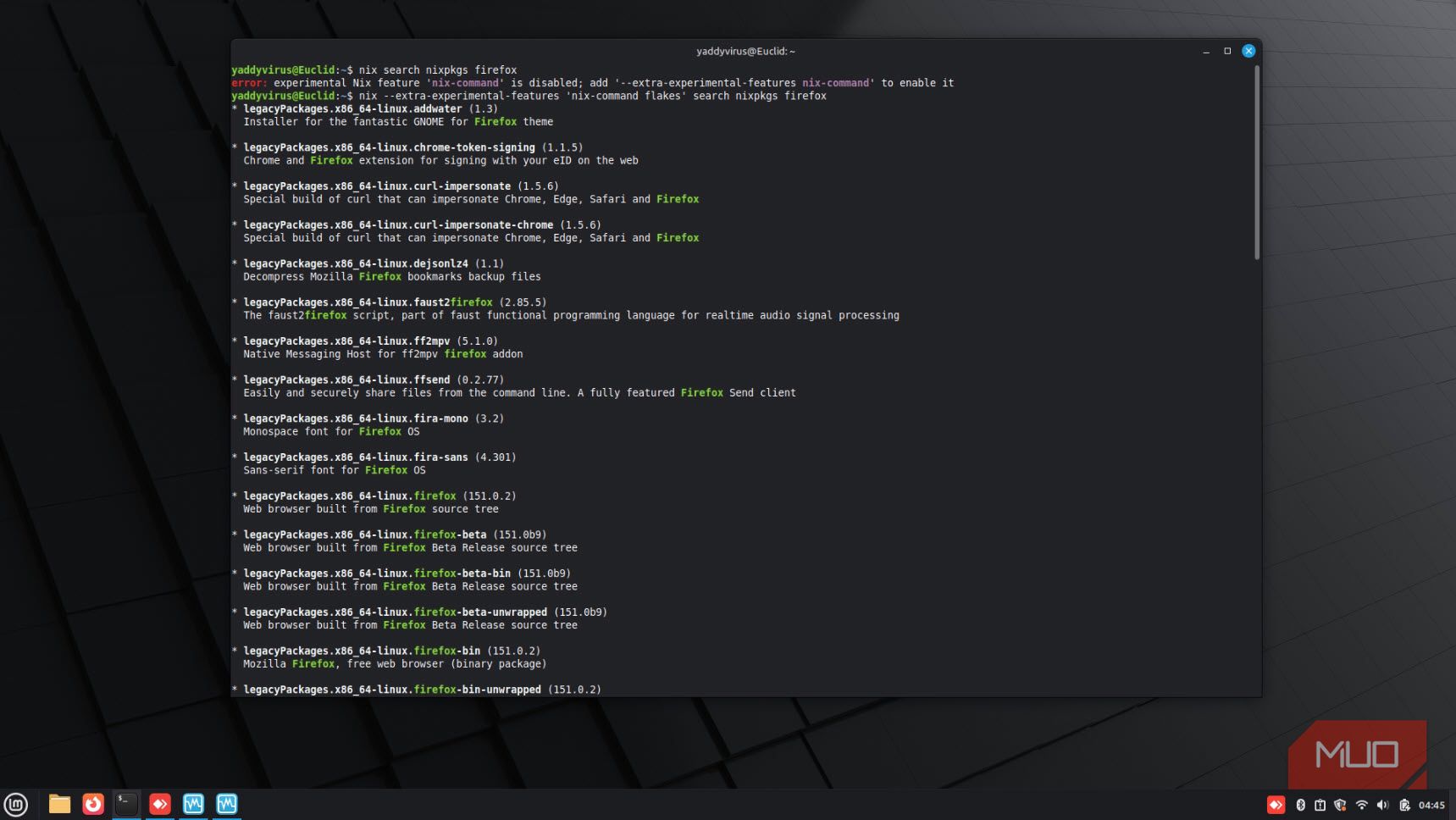 Nix package manager searching for Firefox.