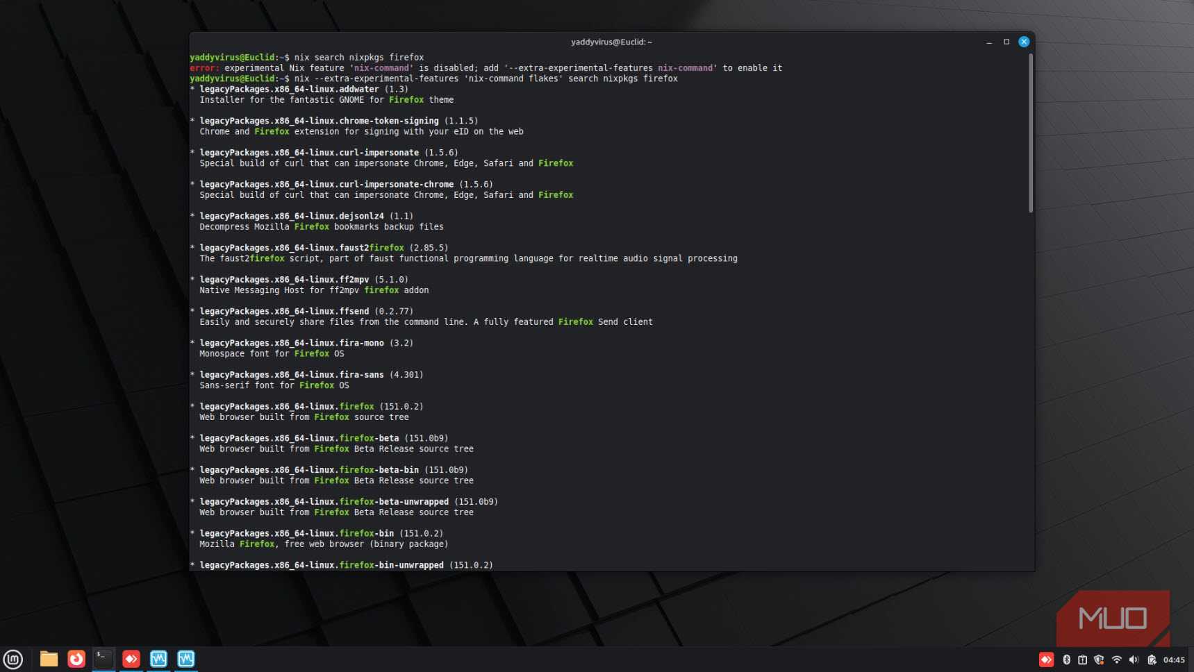 Nix package manager searching for Firefox.