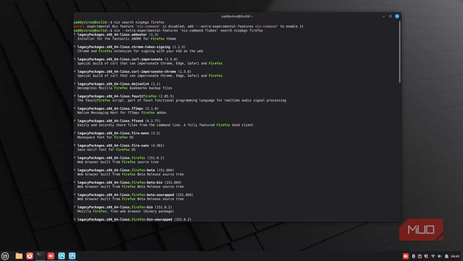 Nix package manager searching for Firefox.
