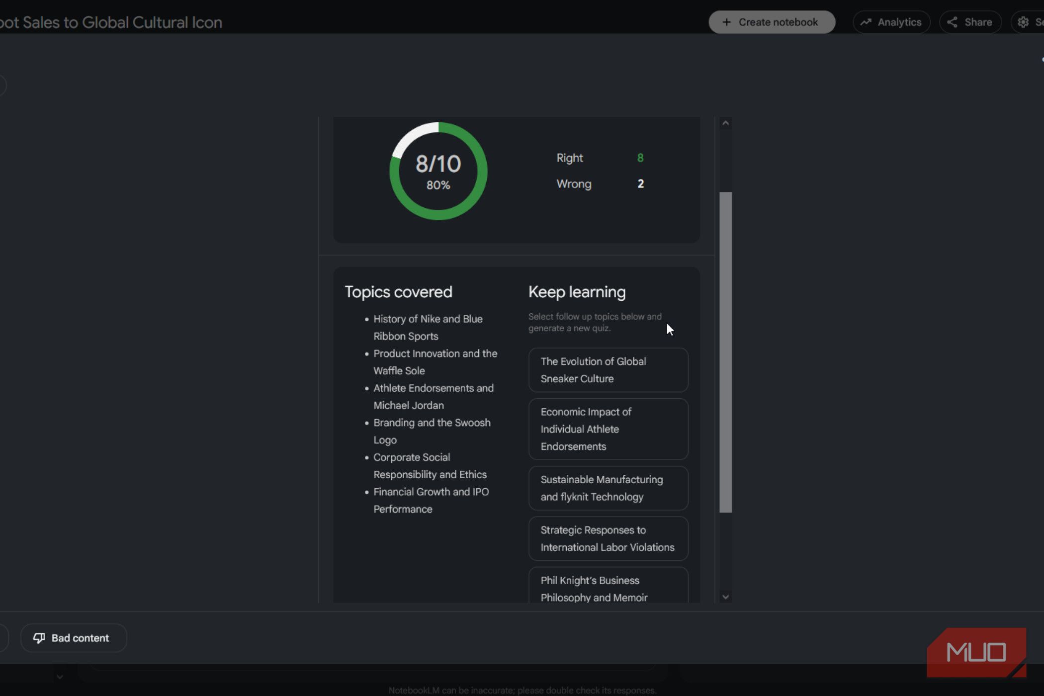 NotebookLM scoring a user's test