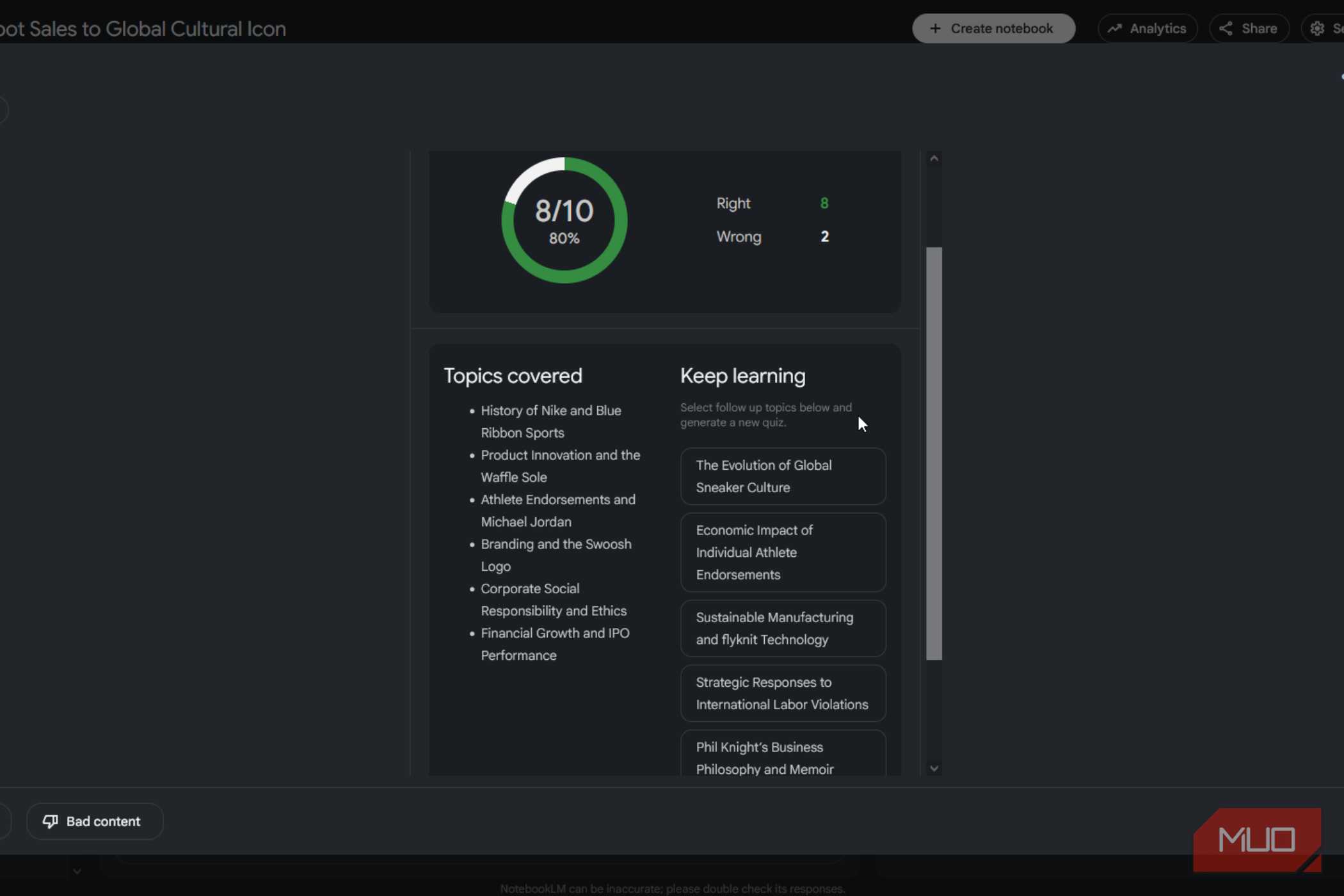 NotebookLM scoring a user's test