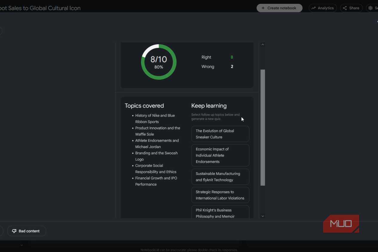 NotebookLM scoring a user's test