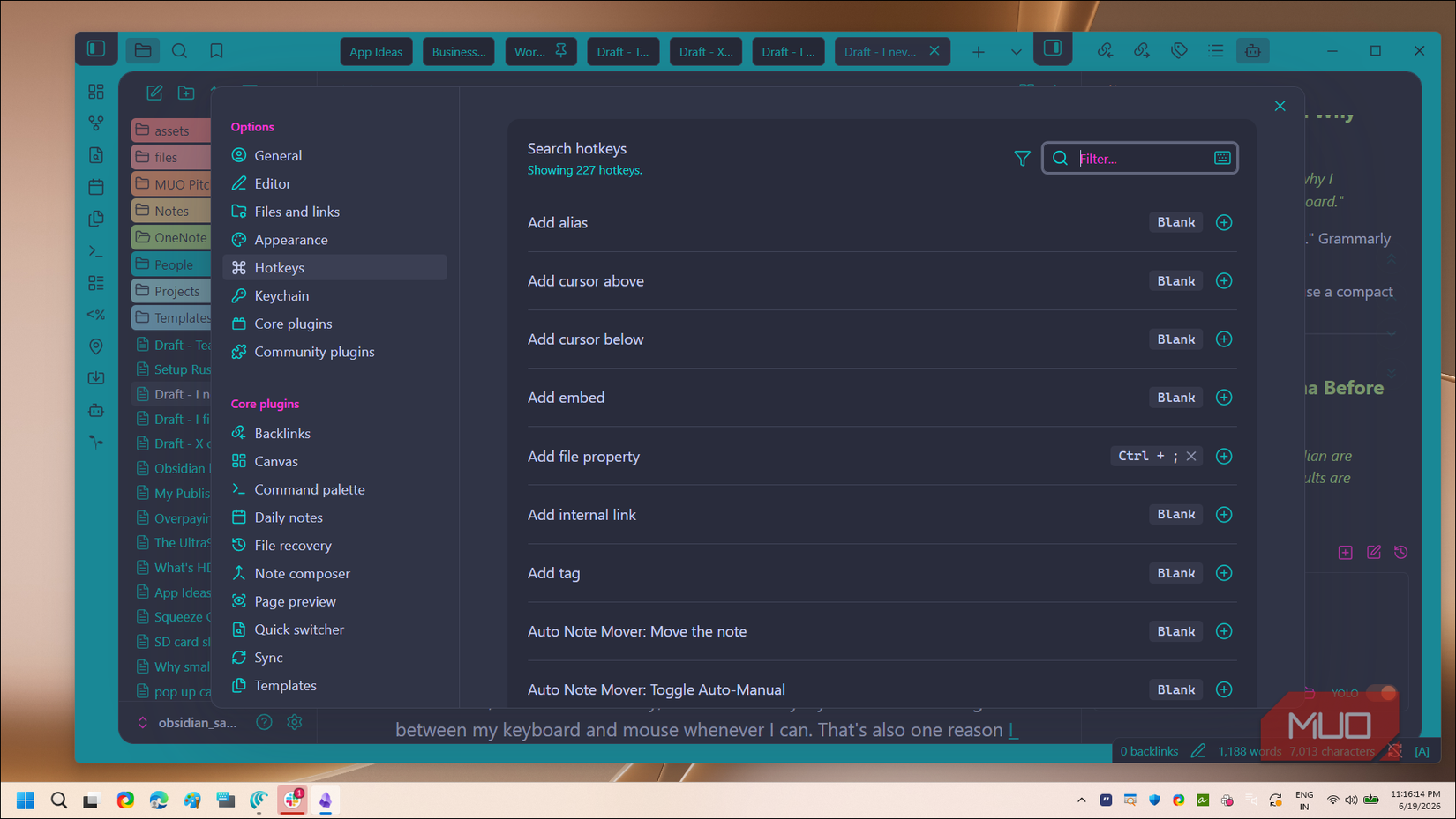 Obsidian hotkeys settings list