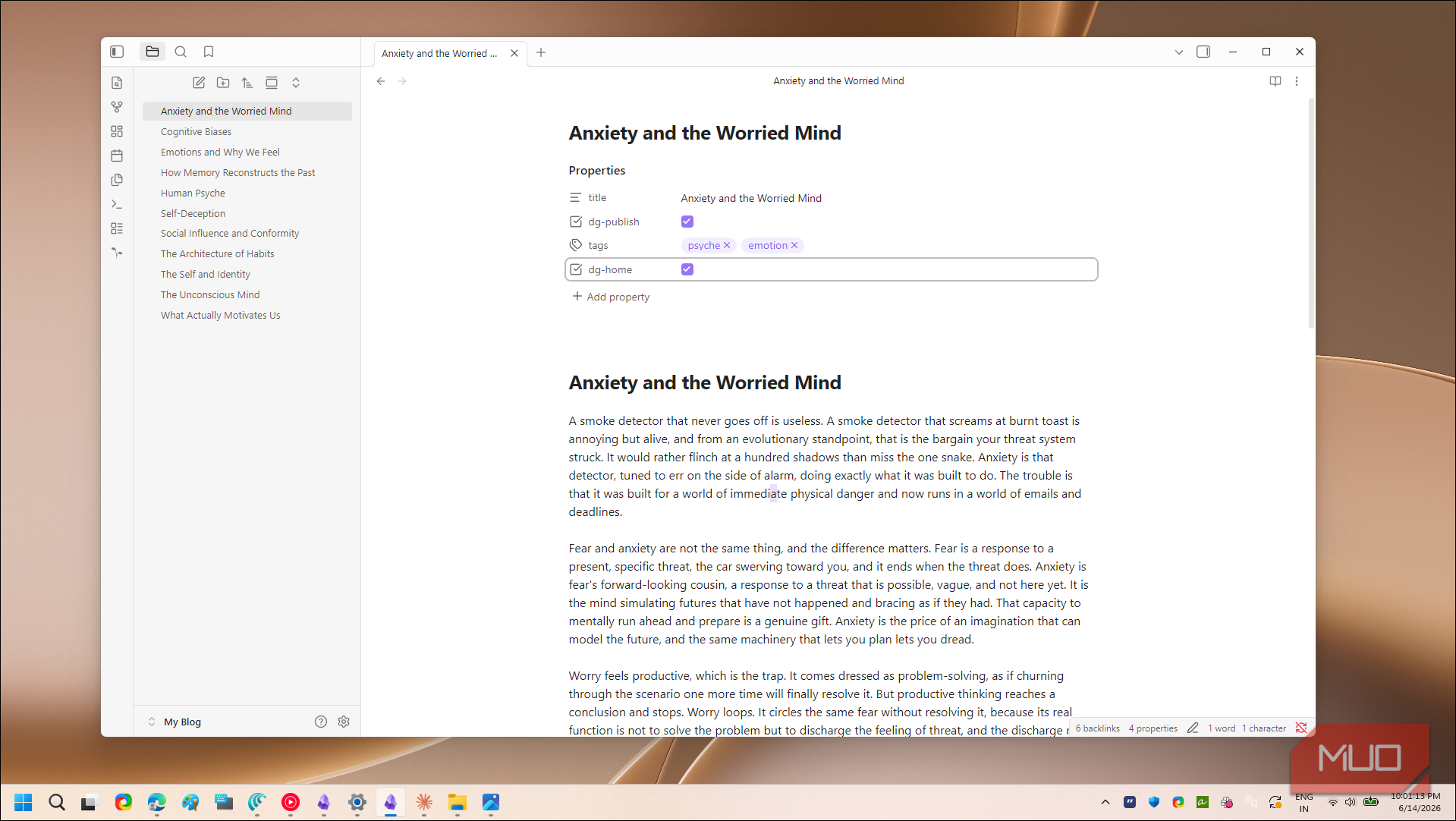 Obsidian Note Anxiety and the Worried Mind Properties
