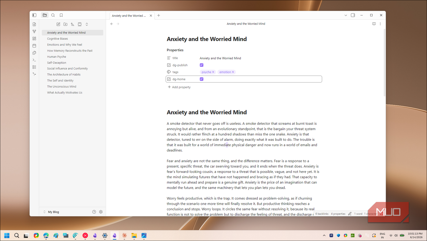 Obsidian Note Anxiety and the Worried Mind Properties