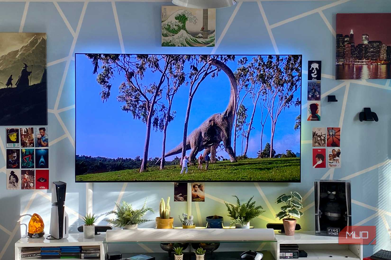 An LG OLED TV with AR coating showing Jurassic Park