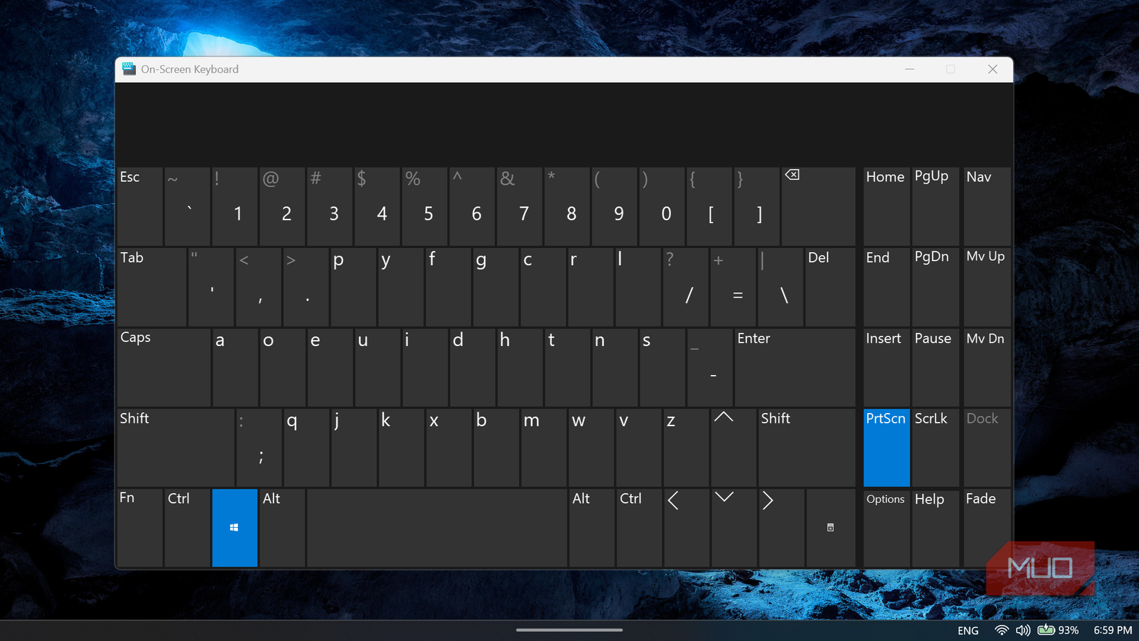 on-screen Dvorak keyboard layout