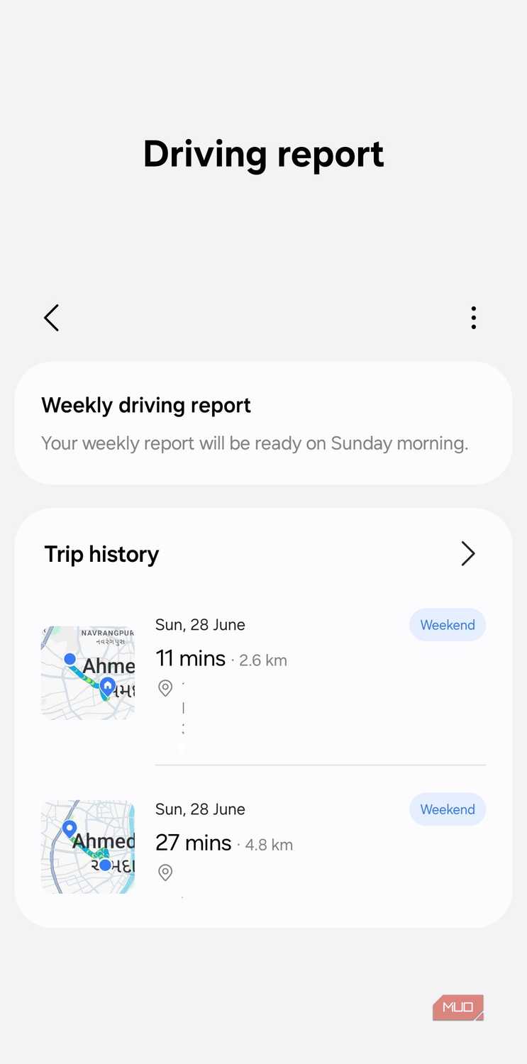 One UI 9 Driving report menu on Samsung phone