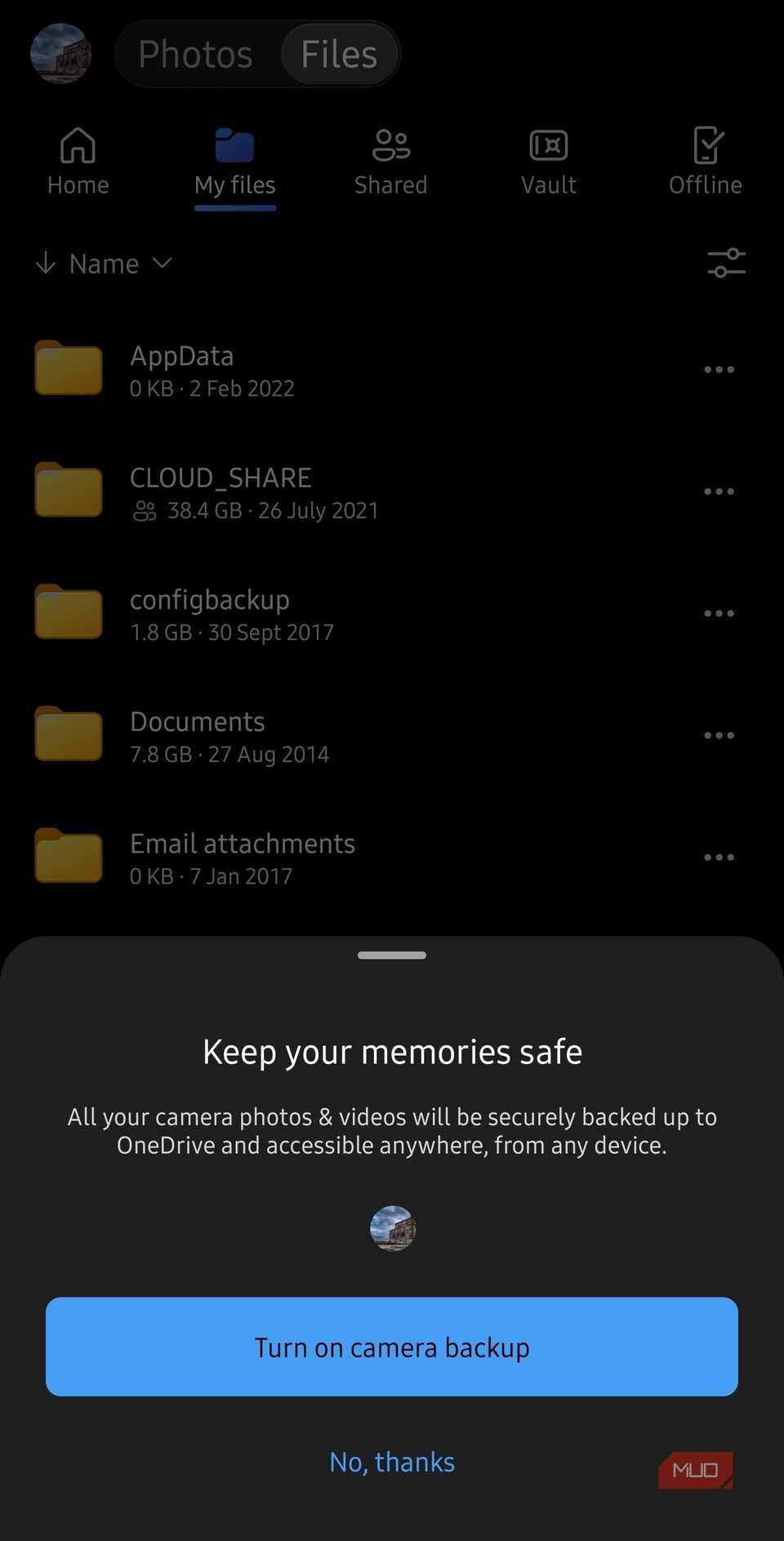 OneDrive Android mobile application prompting to enable camera backup