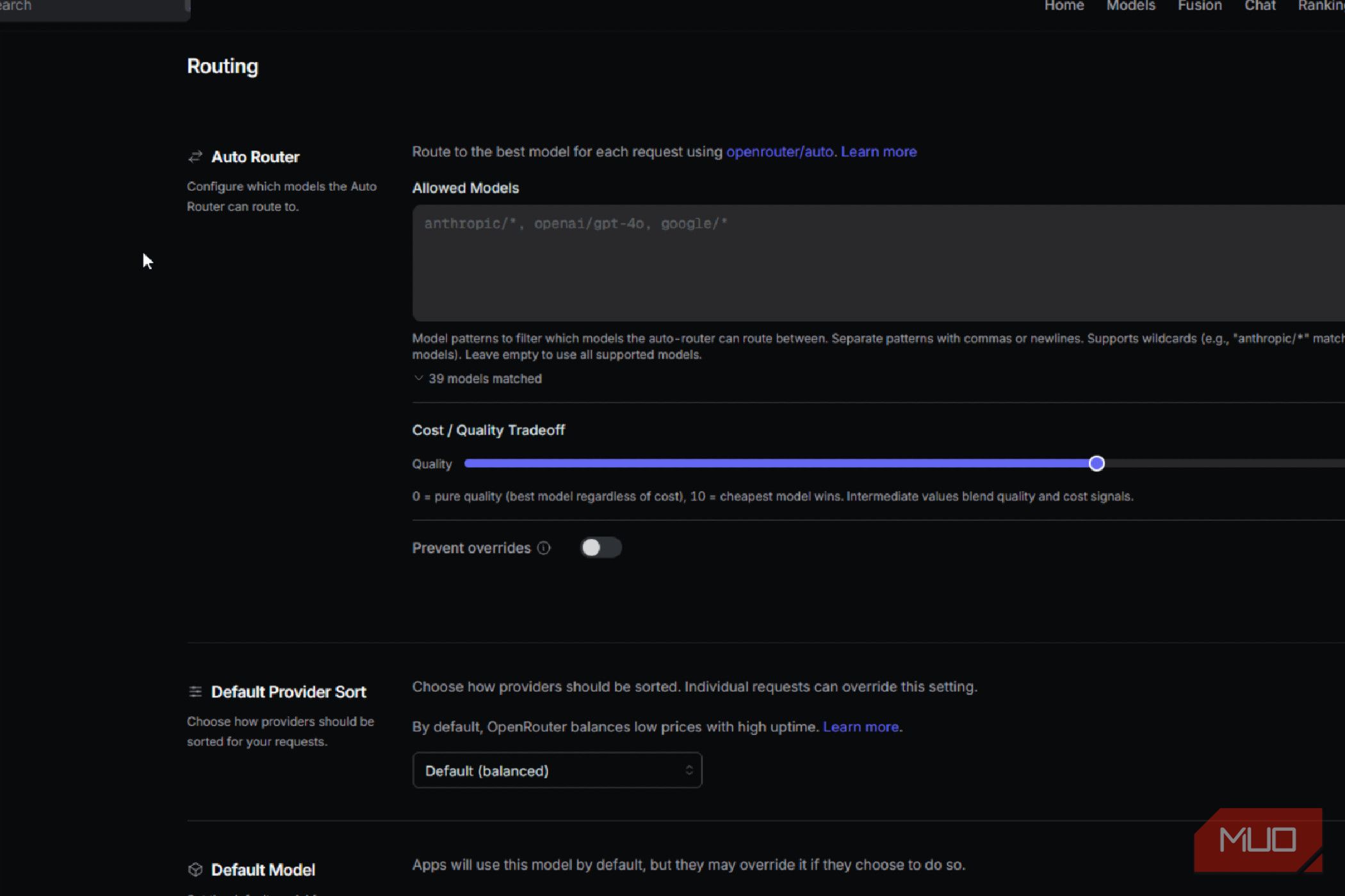 OpenRouter showing the settings.