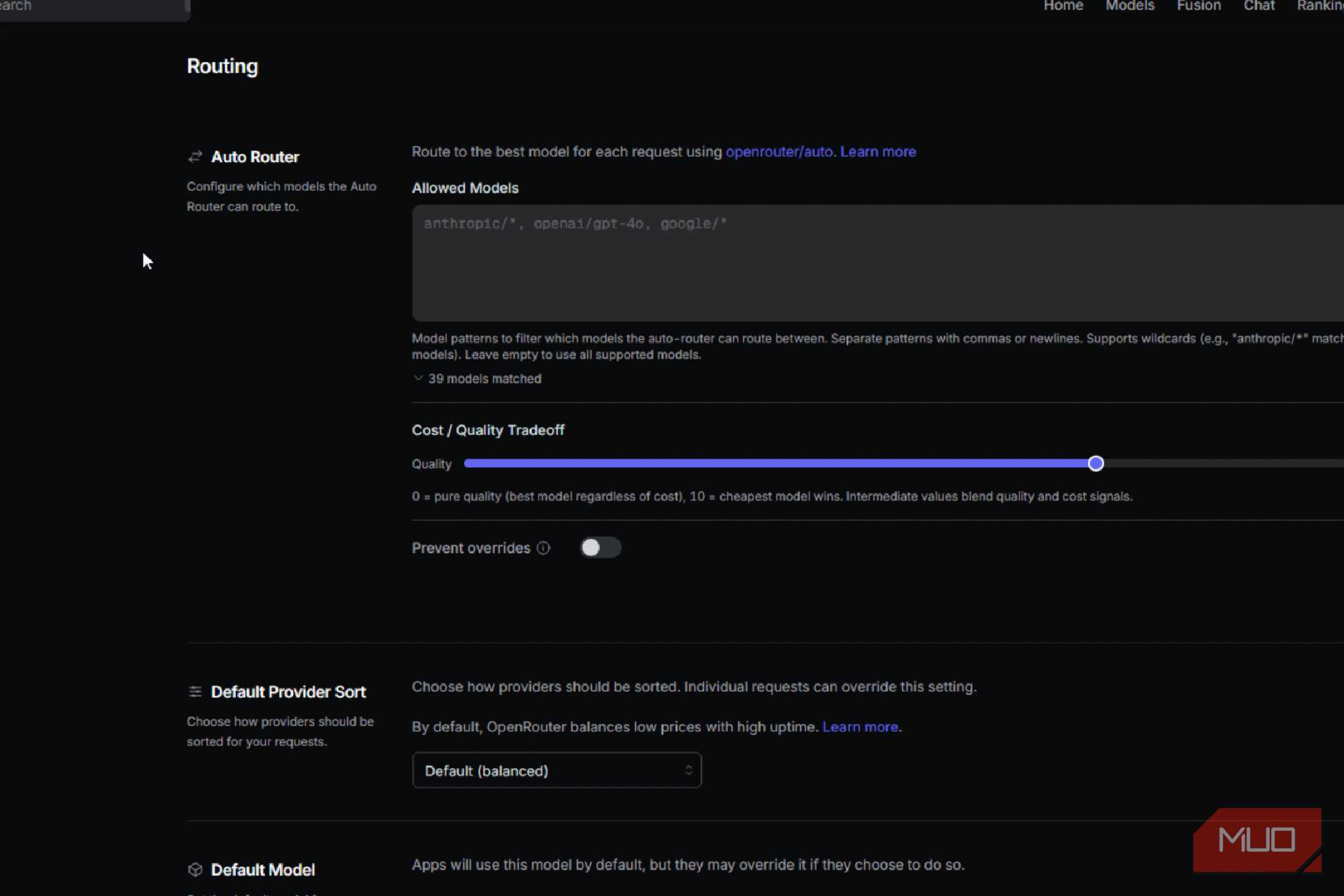 OpenRouter showing the settings.
