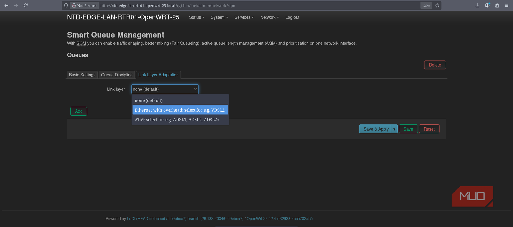 برنامج OpenWRT SQM وقوالب طبقة الارتباط لـ VDSL وADSL