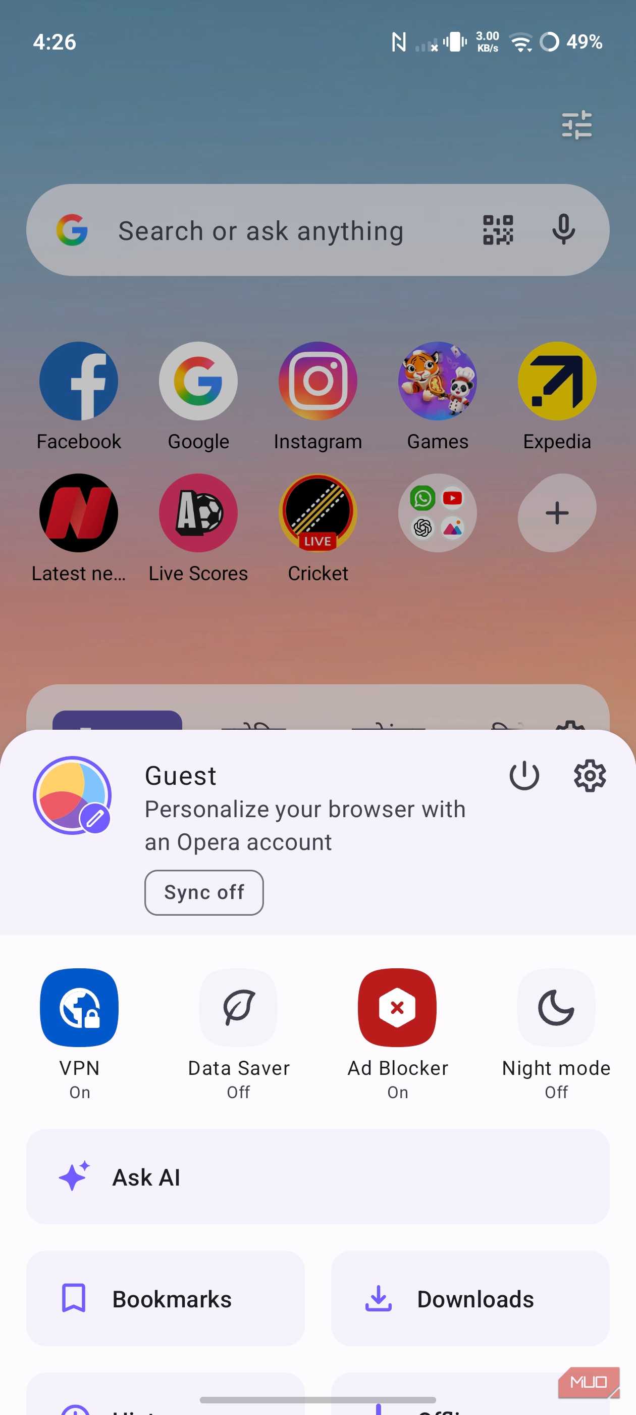 Opera browser features including VPN and ad blocker