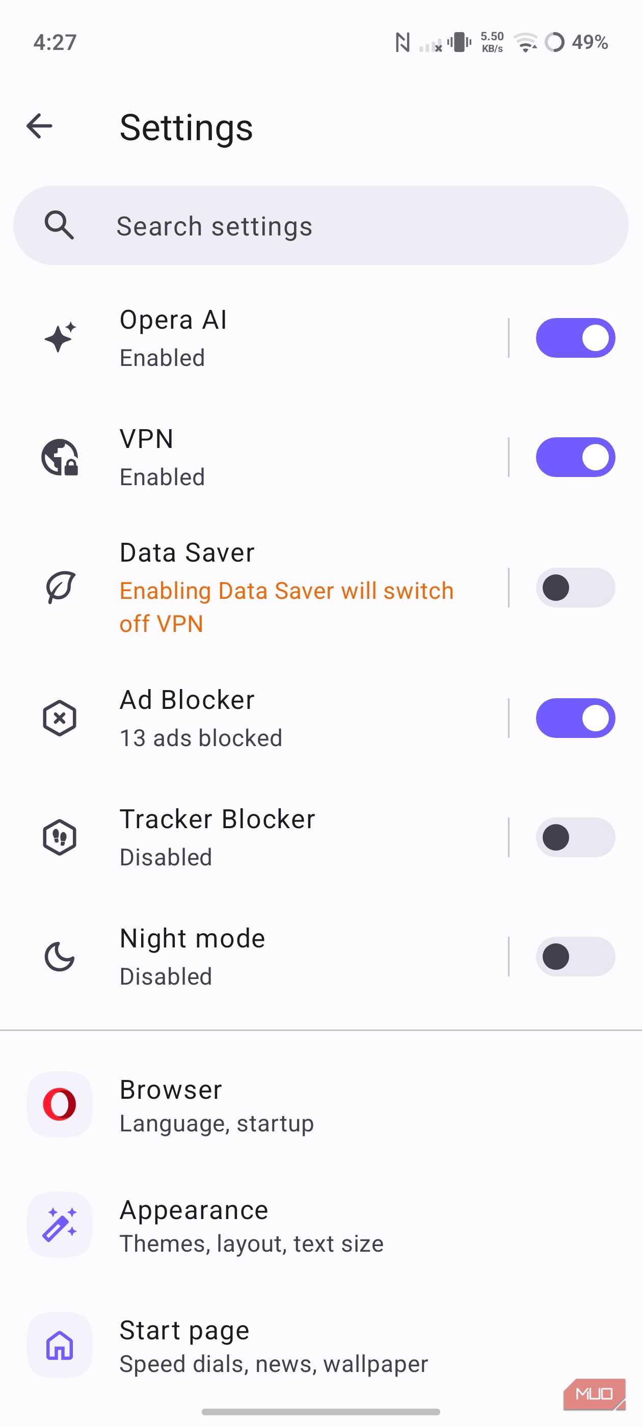 Opera browser settings with ad blocker enabled