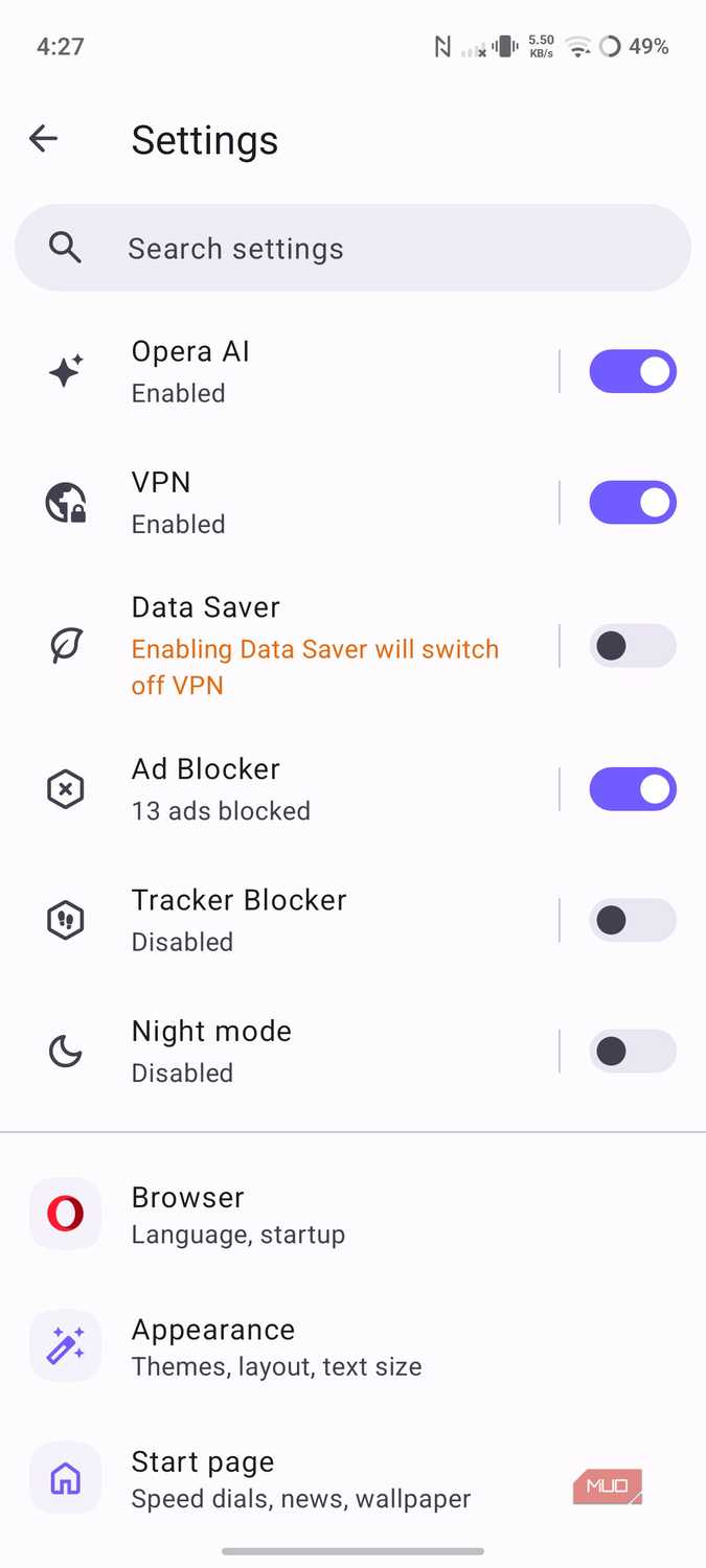 Opera browser settings with ad blocker enabled