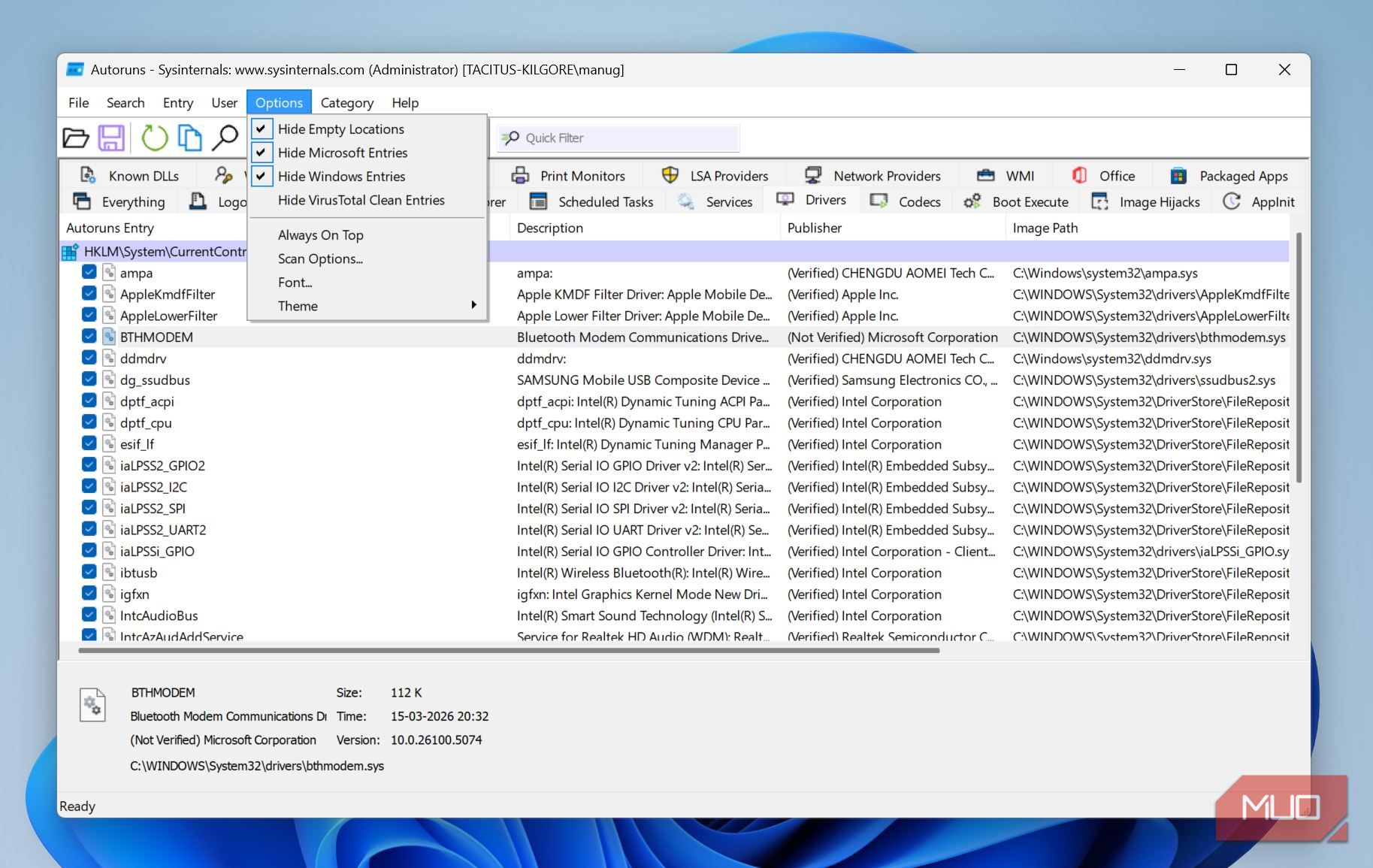 Options highlighted in the Autoruns utility