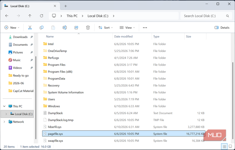 Windows 11 コンピューター上の Pagefile.sys